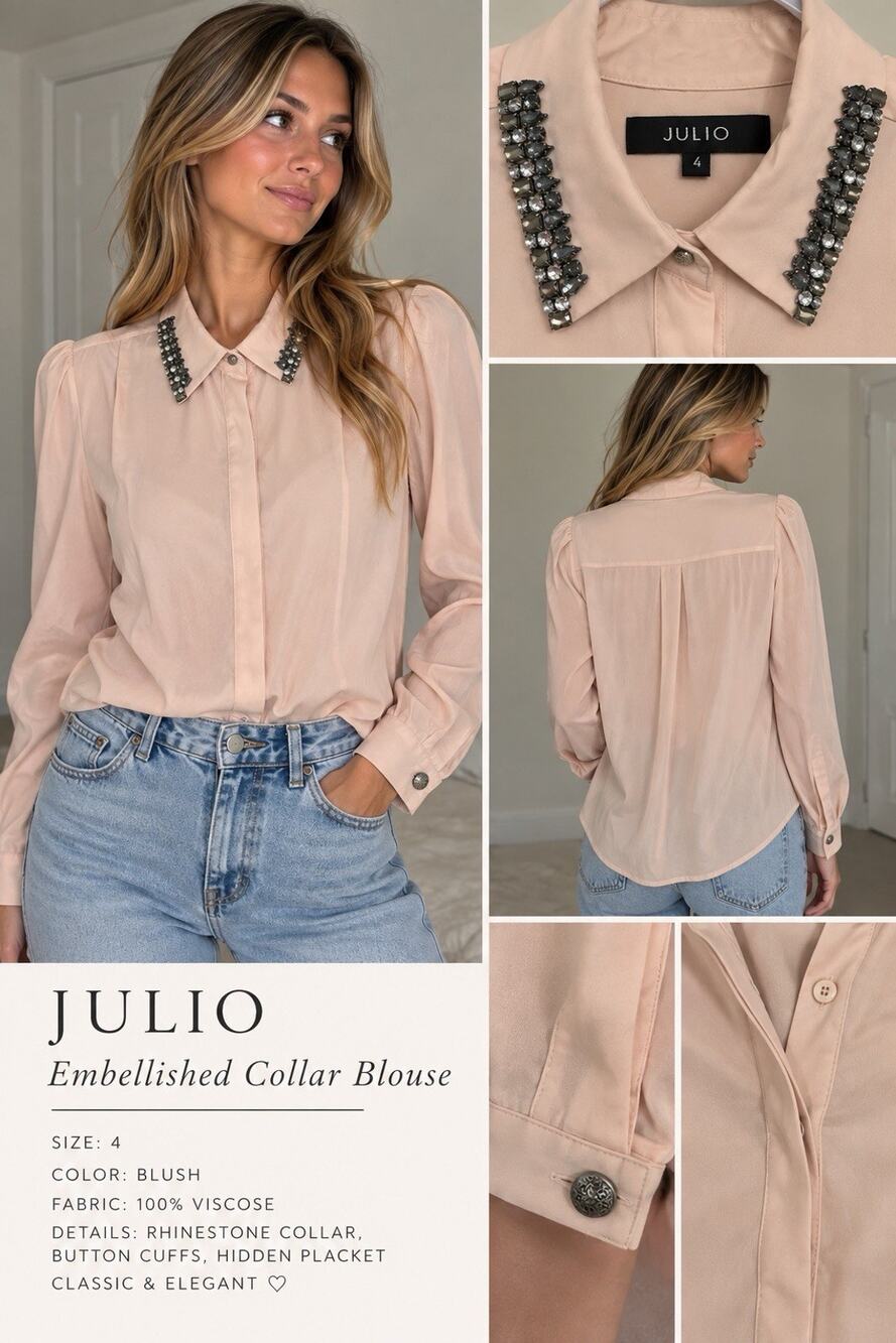 Julio 100% Viscose Blush Pink Rhinestone Embellished Collar Blouse Size 4